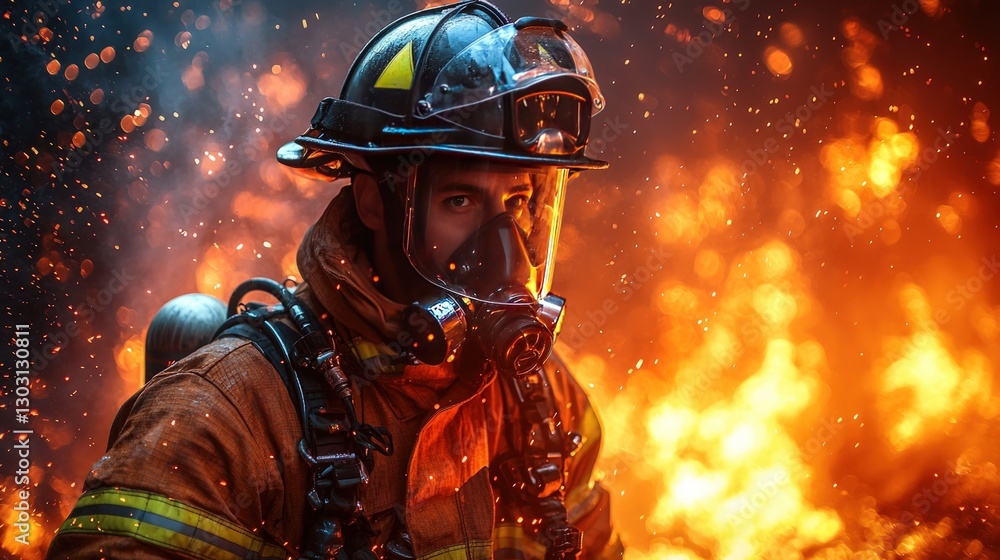 Firefighter in action, facing inferno. Firefighter in action, facing inferno.