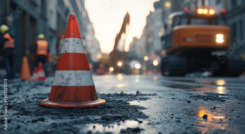 Workers are engaged in road construction during a rainy evening, with heavy machinery and safety cones marking the area