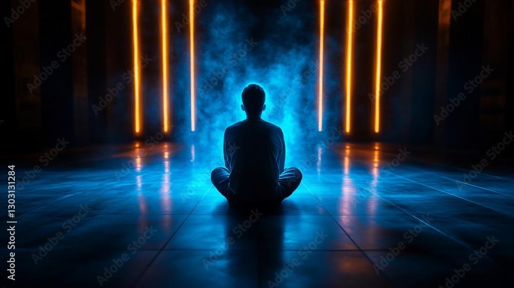 Meditating Figure in Neon Lit Room Meditating Figure in Neon Lit Room