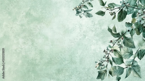 Tranquil Foliage and Artistic Background: Elegant branches adorned with leaves and flowers create a serene and artistic composition against a backdrop of soft, textured colors.