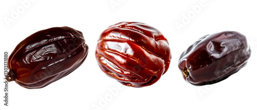 Dates in a wooden bowl isolated on transparent background highlighting their uniform size and appealing appearance photo