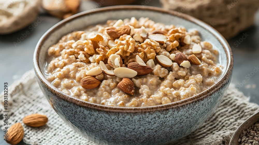 Start your day right with a delicious bowl of whole grain cereal generously topped with a mix of nutritious nuts and seeds for a wholesome breakfast Start your day right with a delicious bowl of whole grain cereal generously topped with a mix of nutritious nuts and seeds for a wholesome breakfast