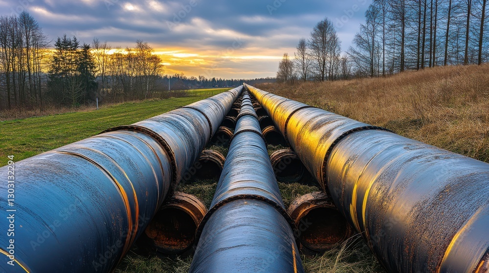 Industrial Pipeline Brought to Life at Sunset in Tranquil Landscape Industrial Pipeline Brought to Life at Sunset in Tranquil Landscape