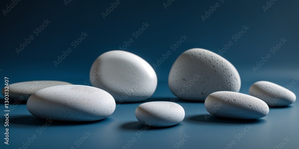 Six smooth white stones are neatly arranged on blue background Six smooth white stones are neatly arranged on blue background