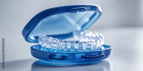 Clear aligners in a translucent blue case for orthodontic treatment