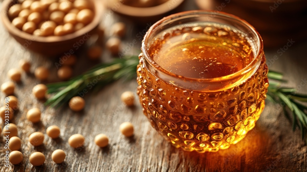 Soy oil in glass bowl, with soybeans on rustic wood Soy oil in glass bowl, with soybeans on rustic wood