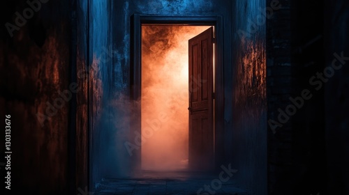A dimly lit corridor with an open door emitting orange light and smoke.