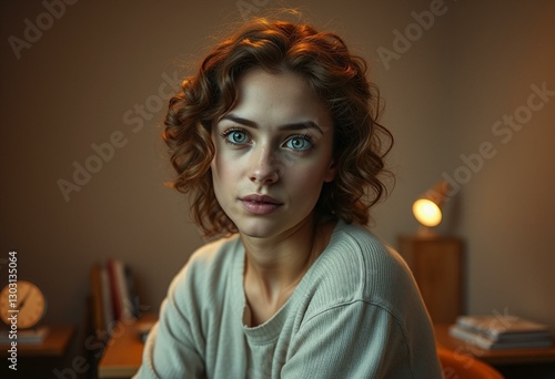 Whimsical dreamer in a warm, golden lit room