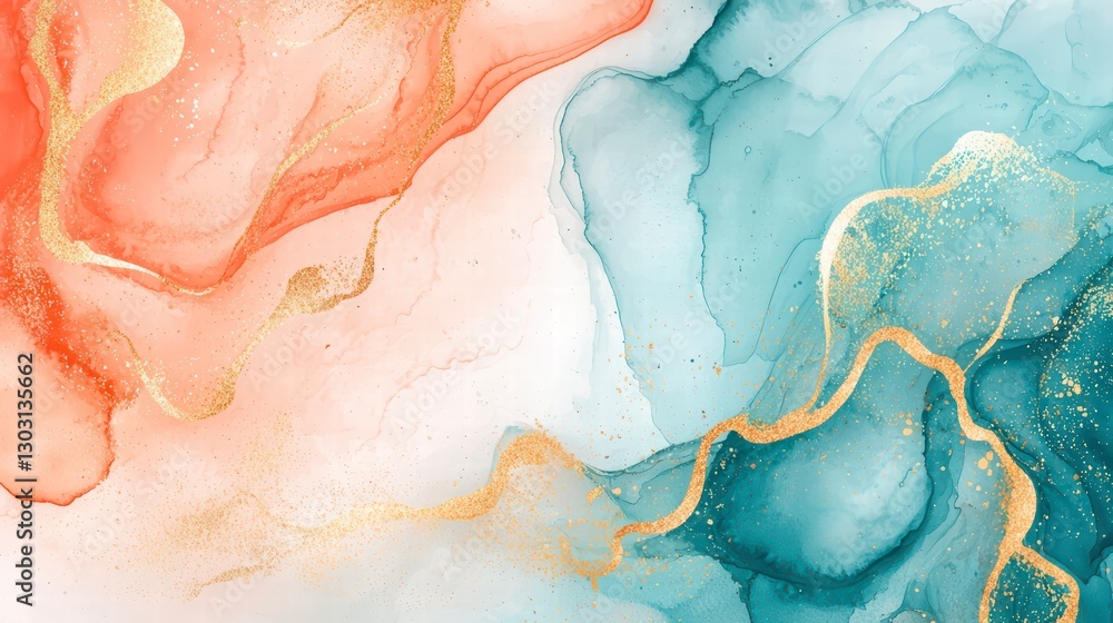 Obraz premium Fluid Harmony: Abstract art piece. Orange and teal liquid marble texture with gold veins. evoking a sense of artistic flow and luxury, an image that will enhance the sophistication of any project. 