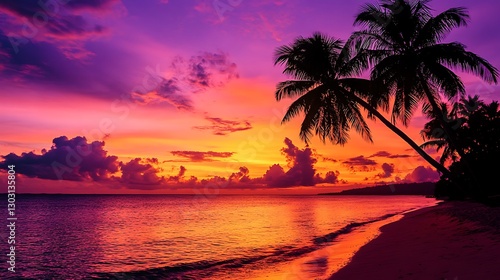 Vibrant Sunset over Tropical Beach Paradise