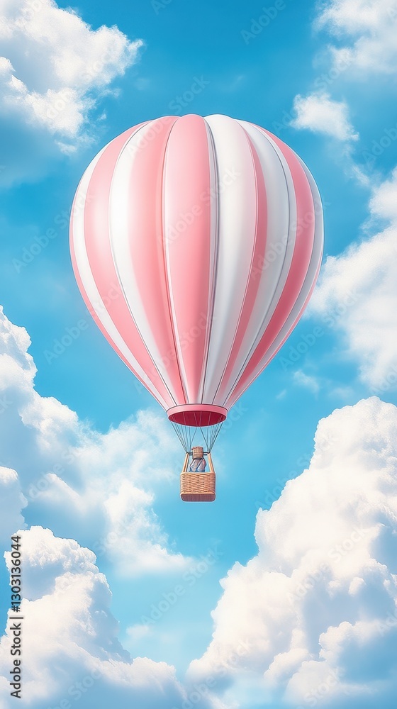 Fototapeta premium Pink, white hot air balloon drifting against vivid blue sky, soft clouds framing peaceful aerial landscape