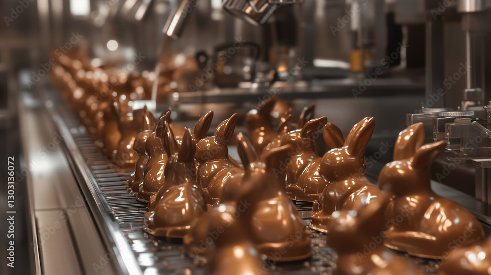 Obraz premium Industrial food processing factory showcasing chocolate manufacturing process on a production line with molds in the food industry.