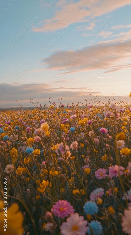 Fototapeta premium A vast field of colorful flowers under a tranquil sky. This serene landscape captures the beauty of nature. Perfect for seasonal themes or wellness projects. Generative AI