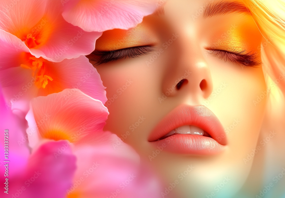 Beautiful woman with colorful flower petals on her face, close-up of beautiful makeup and eyelashes, pink lips, colorful background, soft lighting, high detail, high-resolution photography Beautiful woman with colorful flower petals on her face, close-up of beautiful makeup and eyelashes, pink lips, colorful background, soft lighting, high detail, high-resolution photography