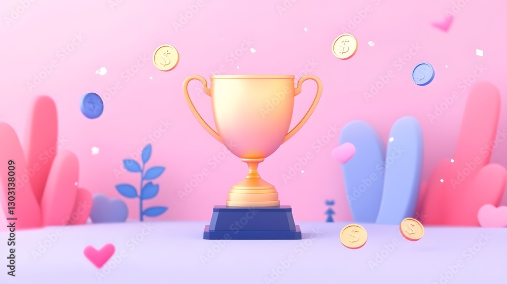 Golden Trophy with Floating Coins Representing Financial Achievement and Success in 3D Golden Trophy with Floating Coins Representing Financial Achievement and Success in 3D
