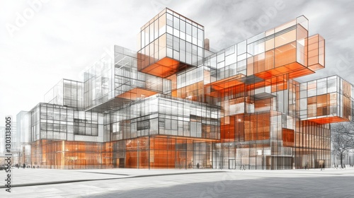 Modern Abstract Architecture with Glass and Orange Panels Design
