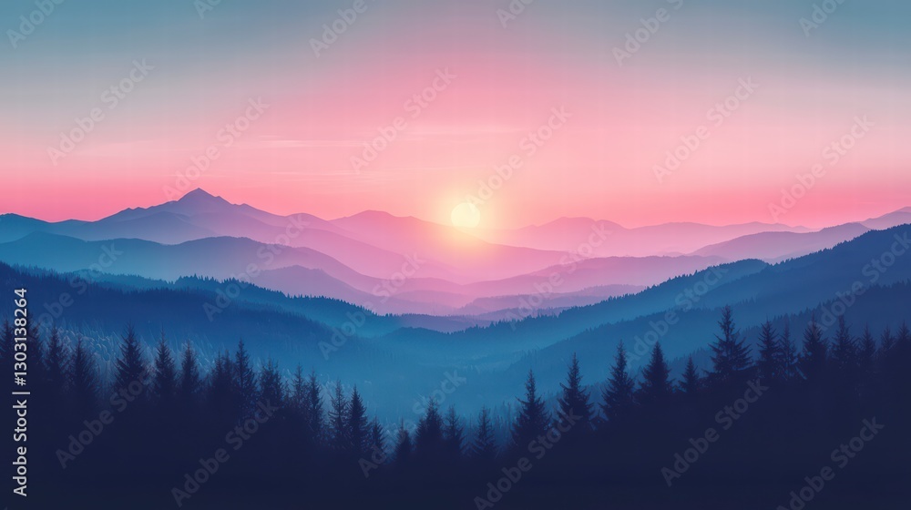 Painted Sunset Serenity: A captivating artistic depiction of a mountain range at sunset, where shades of pink and blue blend, creating a serene and awe-inspiring landscape. Painted Sunset Serenity: A captivating artistic depiction of a mountain range at sunset, where shades of pink and blue blend, creating a serene and awe-inspiring landscape.