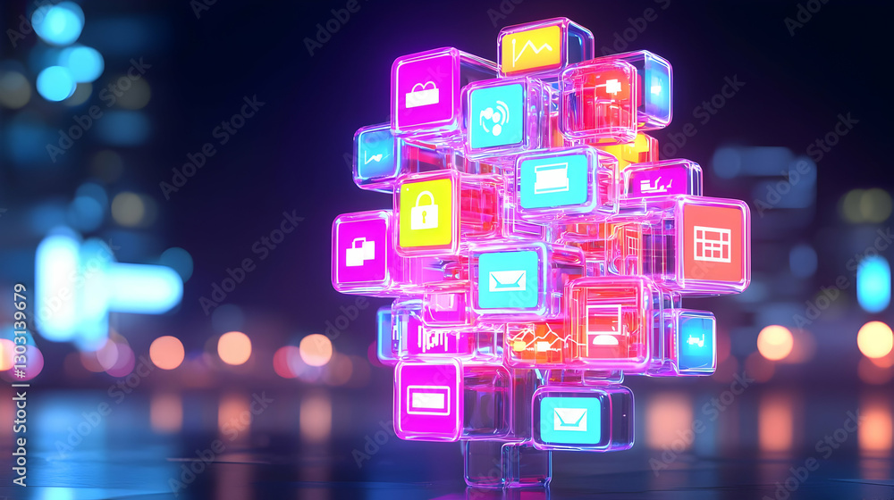 Colorful Digital Icons in 3D Structure Representing Technology Trends Colorful Digital Icons in 3D Structure Representing Technology Trends