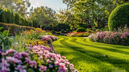 A beautiful and sunny garden filled with colorful flowers and greenery