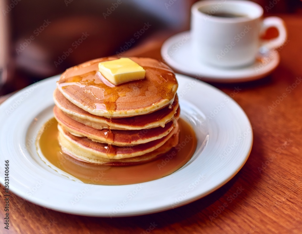 Fluffy pancakes drizzled with maple syrup, melting butter, steaming coffee nearby, perfect morning meal Fluffy pancakes drizzled with maple syrup, melting butter, steaming coffee nearby, perfect morning meal