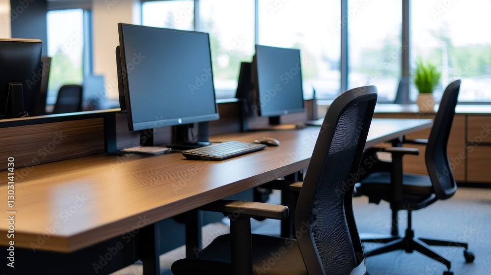 Modern office workspace with empty desks, computers, and large windows showing greenery outside Modern office workspace with empty desks, computers, and large windows showing greenery outside