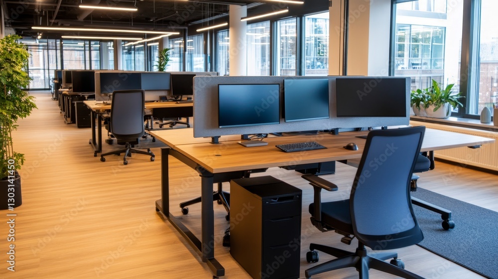 Modern office interior with multiple workstations, large windows, and greenery in the background Modern office interior with multiple workstations, large windows, and greenery in the background
