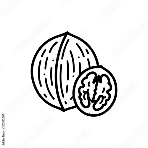 Walnut Icon – Flat Line Design Representing Nutritious Food, Healthy Eating, and Organic Snacks