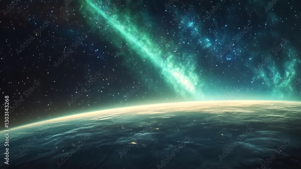 Fototapeta premium A vibrant aurora spanning the horizon of a far-off planet under a star-filled sky