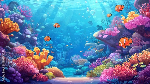 Fototapeta Naklejka Na Ścianę i Meble -  Vibrant Coral Reef Underwater Scene with Colorful Fish