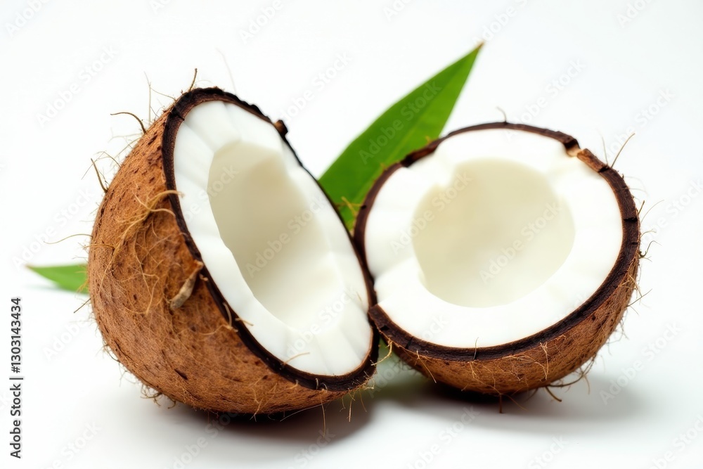 Ripe coconut, split open, green leaves, white backdrop , natural, coconut milk, ingredient Ripe coconut, split open, green leaves, white backdrop , natural, coconut milk, ingredient
