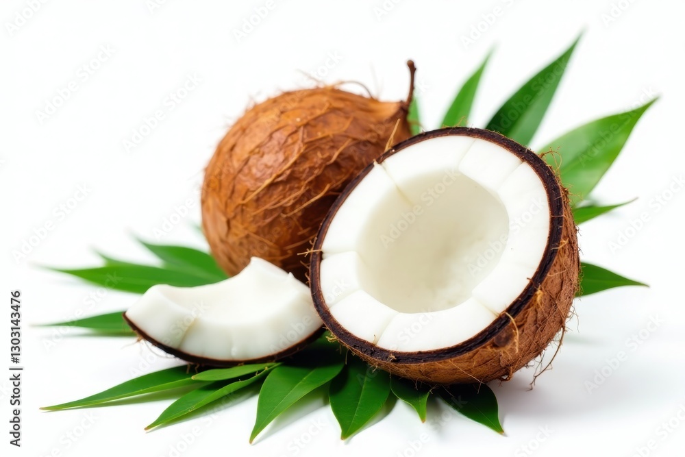 Ripe coconut, split open, green leaves, white backdrop , studio, isolated Ripe coconut, split open, green leaves, white backdrop , studio, isolated