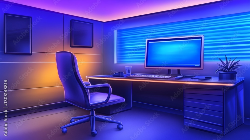 Modern office setup featuring a sleek desk, ergonomic chair, and glowing blue ambient lighting Modern office setup featuring a sleek desk, ergonomic chair, and glowing blue ambient lighting