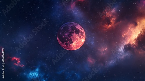 A vibrant lunar eclipse with the moon appearing deep red against a starry backdrop