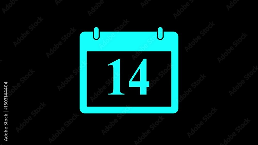 Calendar animation of the fourteenth day of the month on a black background. Date 14 animation with calender. Time and date management schedule icon. Cyan color Calendar with date animation Calendar animation of the fourteenth day of the month on a black background. Date 14 animation with calender. Time and date management schedule icon. Cyan color Calendar with date animation
