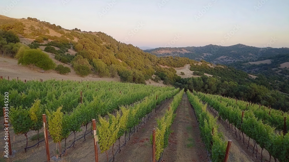 Fototapeta premium Vineyard Rows on a Hillside at Sunset