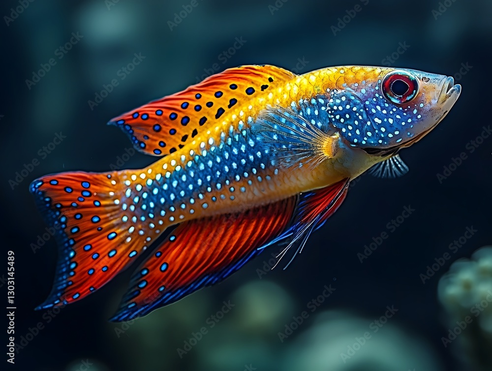 Obraz premium Glowing Celestial Pearl Danio Swimming Gracefully in Serene Aquatic Backdrop