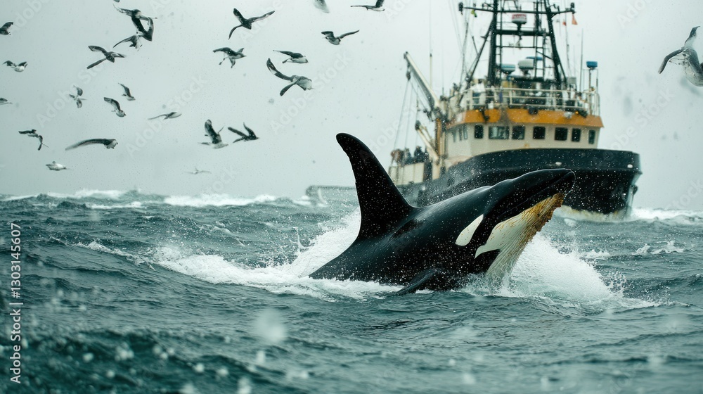Fototapeta premium Orca breaching near fishing trawler in stormy sea.