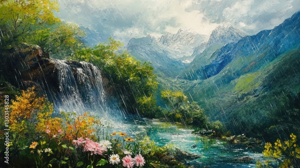 Fototapeta premium Beautiful Waterfall in a Vibrant Alpine Landscape with Blossoming Flowers