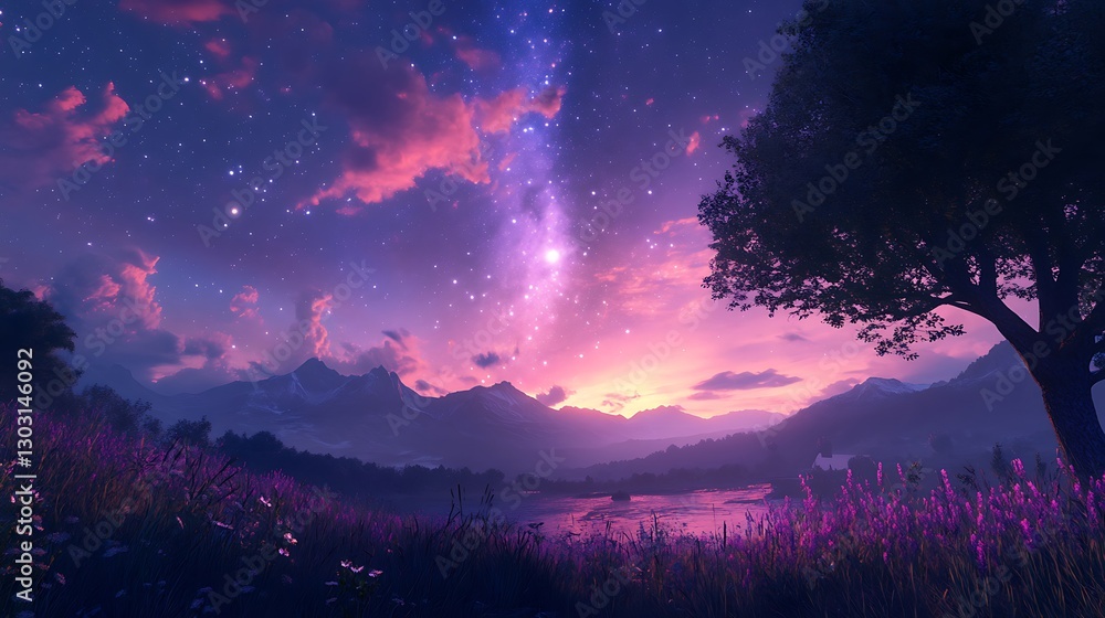 Naklejka premium A vibrant twilight sky with the moon and stars beginning to shine