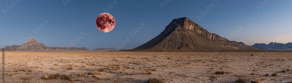 A surreal desert landscape under a vibrant red moon. A surreal desert landscape under a vibrant red moon.