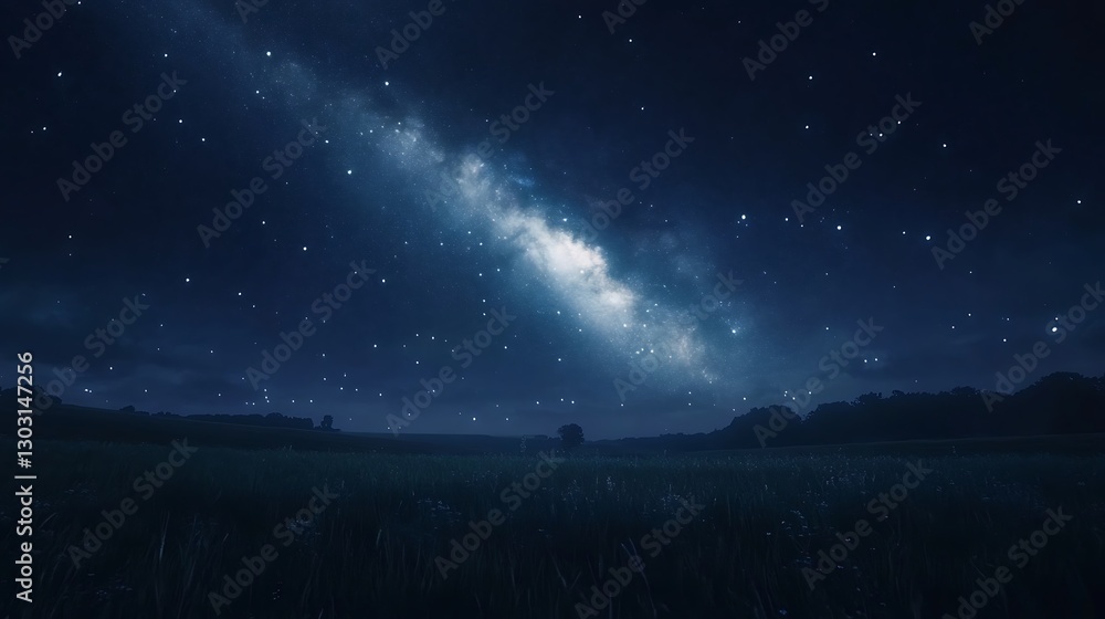 Fototapeta premium A view of the Milky Way stretching across the sky above a peaceful meadow