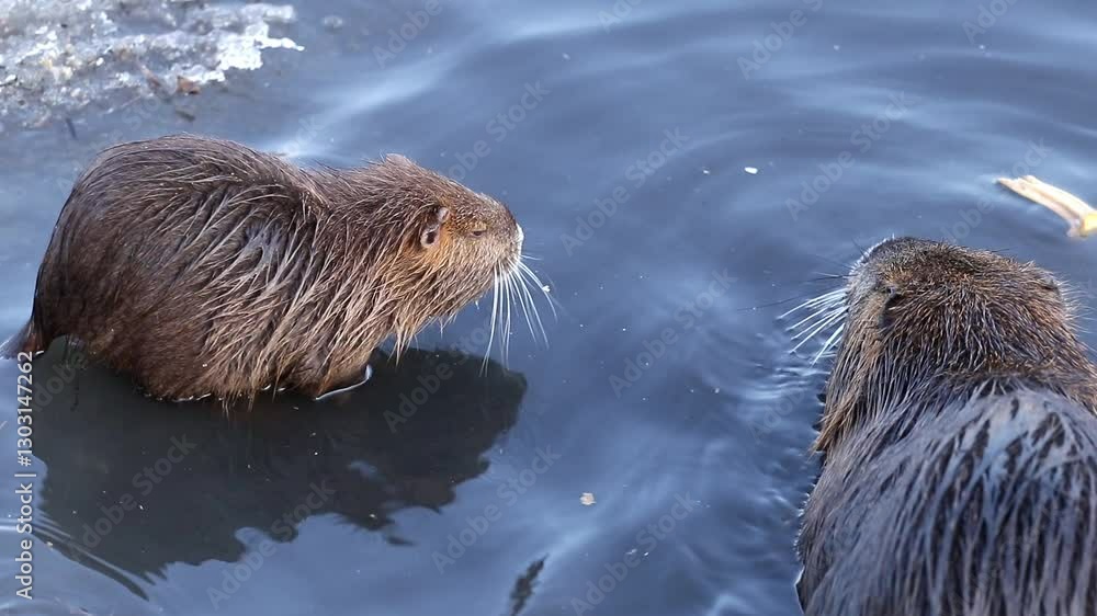 Wild nutria in a frozen pond in a city park.A nutria mother with her child swims in the water.Survival of nutria in their natural habitat. Wild nutria in a frozen pond in a city park.A nutria mother with her child swims in the water.Survival of nutria in their natural habitat.