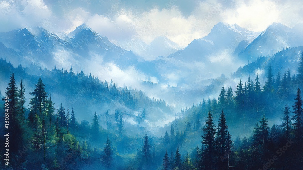 Obraz premium Misty mountain valley, evergreen forest, scenic view, serene landscape, travel poster