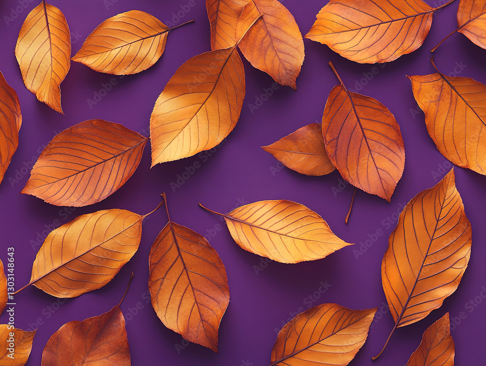 Fototapeta premium Abstract Pattern of Metallic Orange Leaves on Purple Backdrop