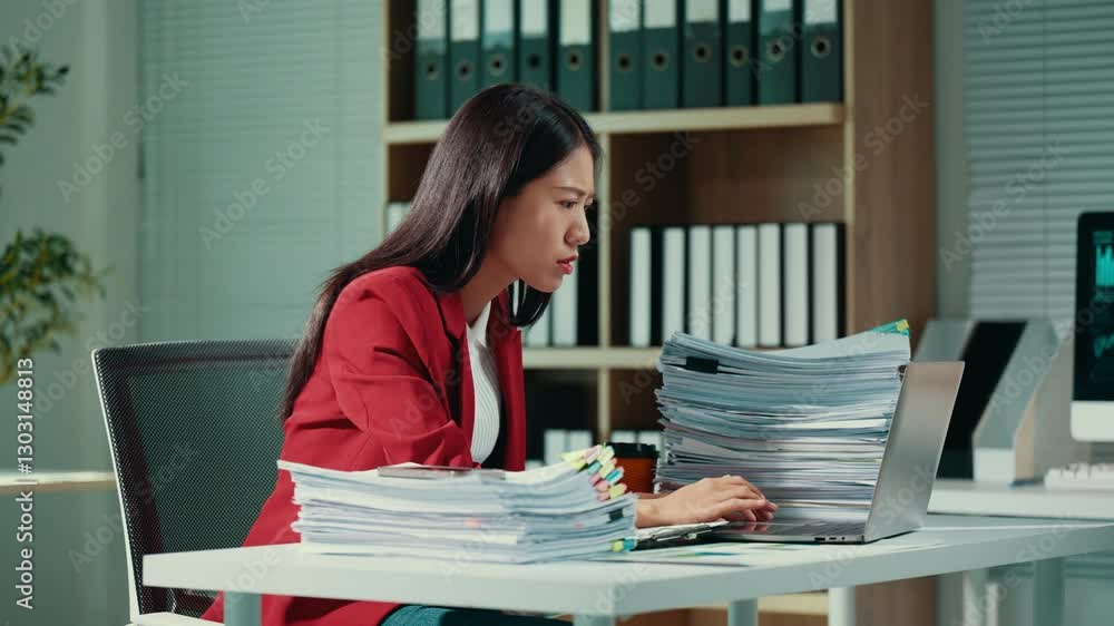 Professional businesswoman suffering neck strain during late-night work, feeling exhausted from overwhelming corporate paperwork in dark, minimalist office environment Professional businesswoman suffering neck strain during late-night work, feeling exhausted from overwhelming corporate paperwork in dark, minimalist office environment