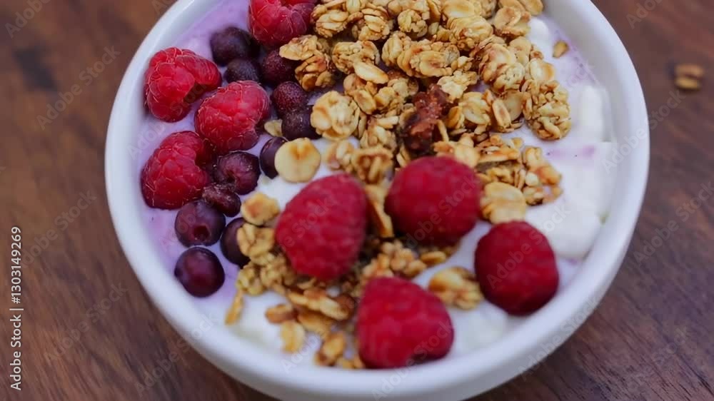 Delight in a colorful bowl of fresh berries and creamy yogurt topped with crunchy granola in a cozy setting Delight in a colorful bowl of fresh berries and creamy yogurt topped with crunchy granola in a cozy setting