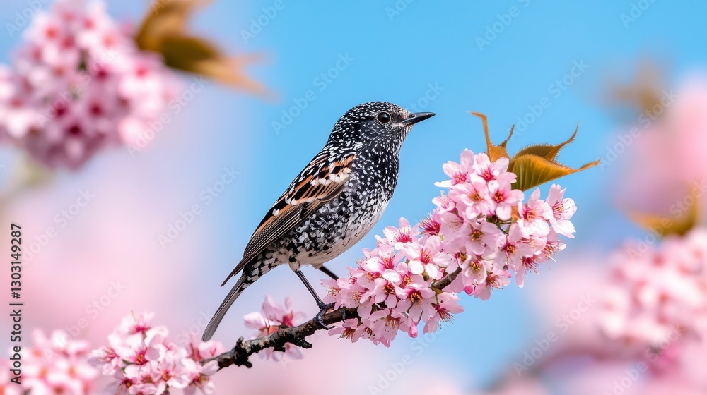 Speckled Bird Perched on Branch Surrounded by Vibrant Flowers Speckled Bird Perched on Branch Surrounded by Vibrant Flowers
