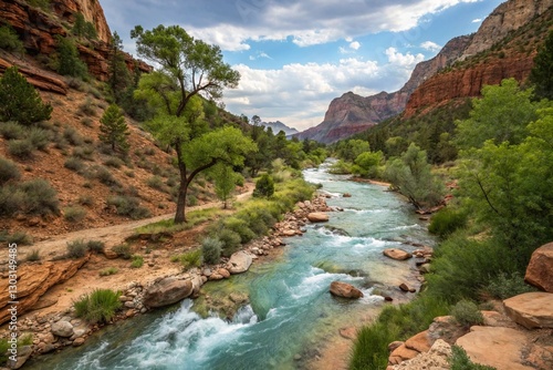 A colorful portrayal of a meandering stream gracefully navigating through a rugged terrain, where crystalline waters mirror encompassing elements, evoking a tranquil and organic ambiance