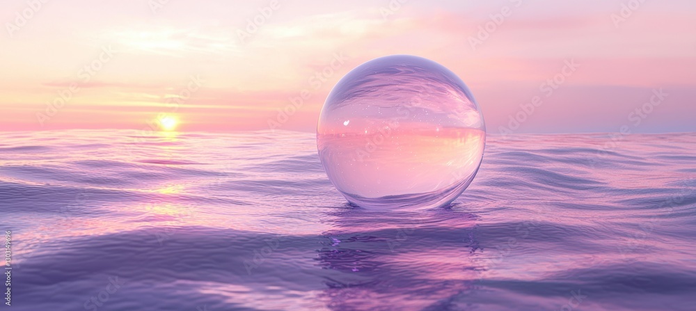 Translucent bubble above a serene lavender sea at twilight Translucent bubble above a serene lavender sea at twilight