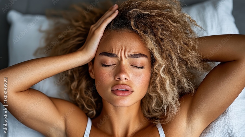 Woman resting on bed, gripping forehead with closed eyes, experiencing intense migraine pain and emotional distress Woman resting on bed, gripping forehead with closed eyes, experiencing intense migraine pain and emotional distress